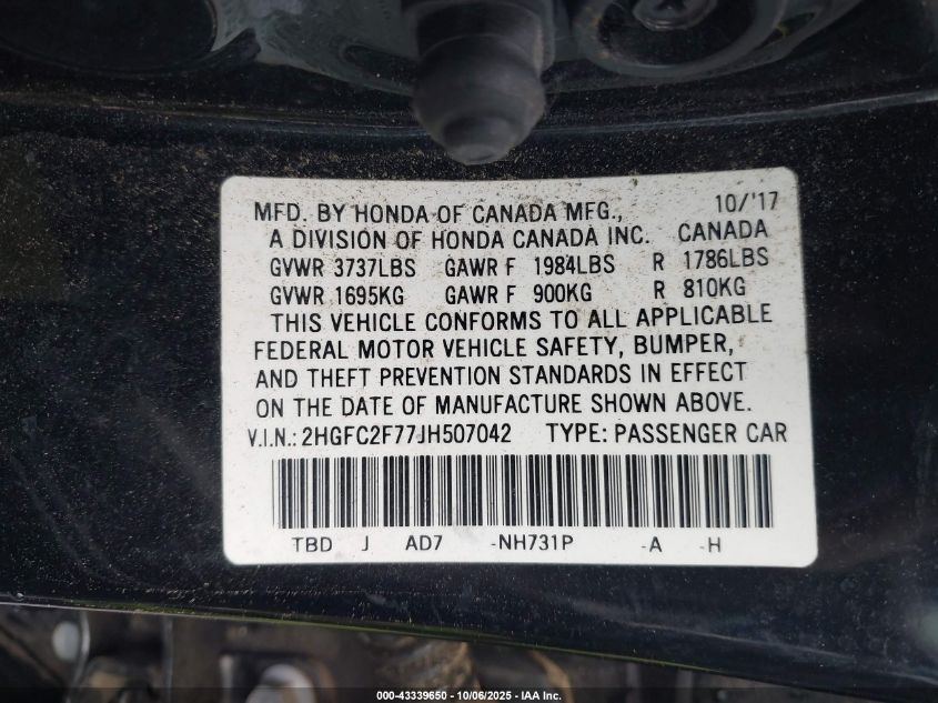 2018 Honda Civic Ex VIN: 2HGFC2F77JH507042 Lot: 43339650