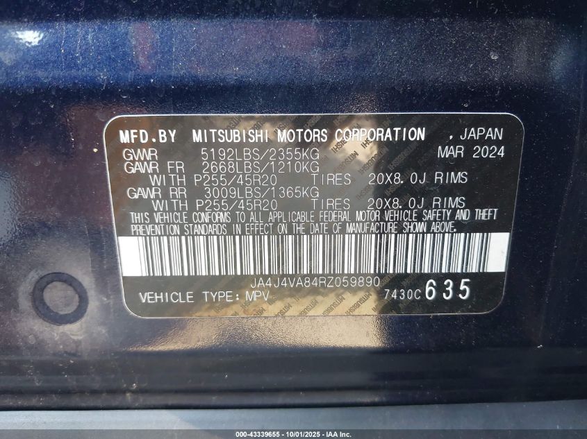 2024 Mitsubishi Outlander Se 2.5 S-Awc/Se Black Edition S-Awc/Se Black Edition W/Pano Roof S-Awc/Se Ralliart S-Awc VIN: JA4J4VA84RZ059890 Lot: 43339655