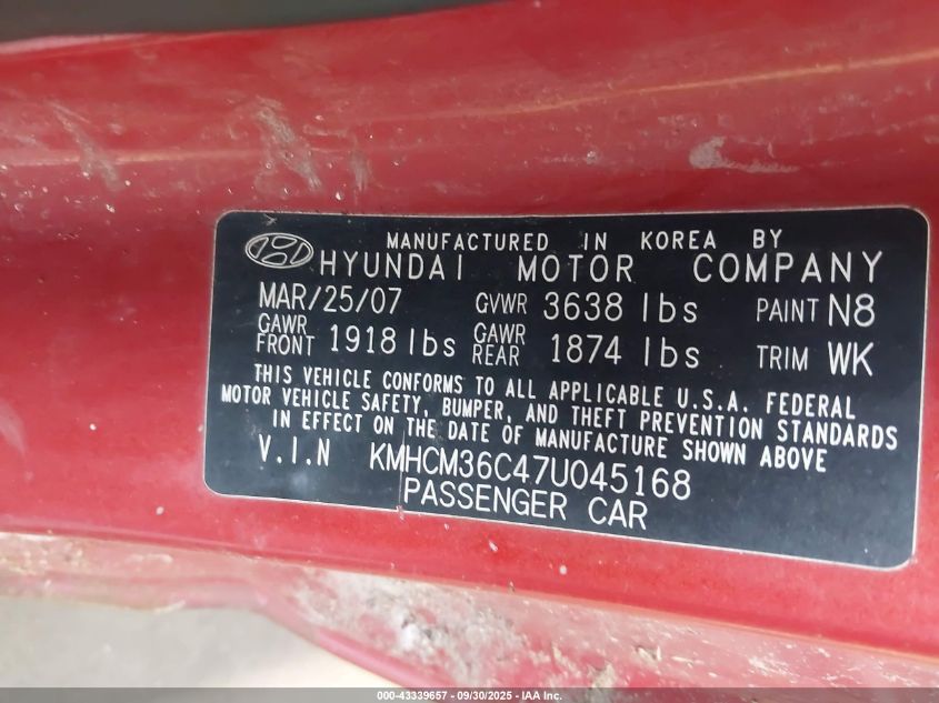 2007 Hyundai Accent Gs VIN: KMHCM36C47U045168 Lot: 43339657