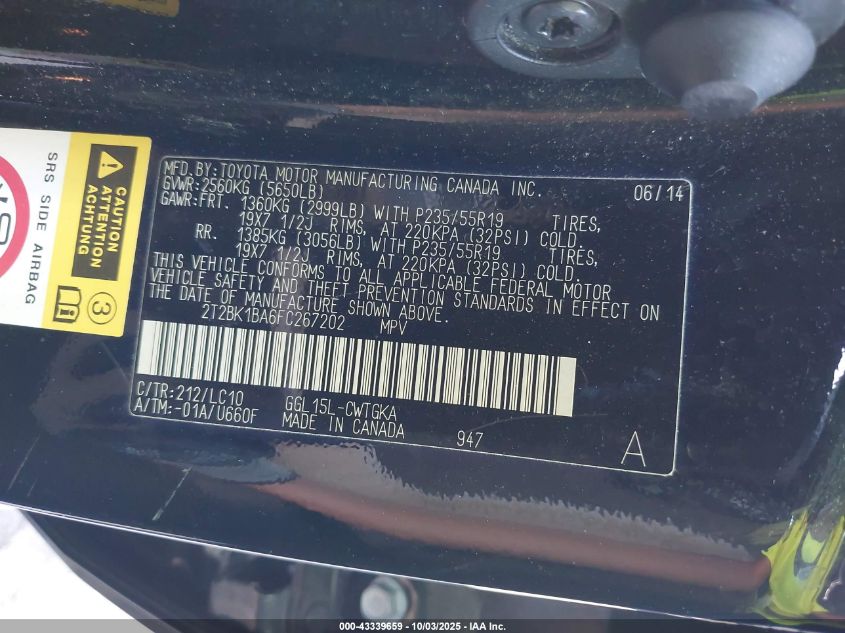 2015 Lexus Rx 350 VIN: 2T2BK1BA6FC267202 Lot: 43339659