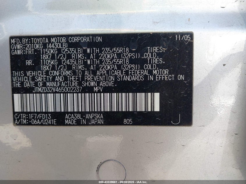 2006 Toyota Rav4 Sport VIN: JTMZD32V465002237 Lot: 43339661