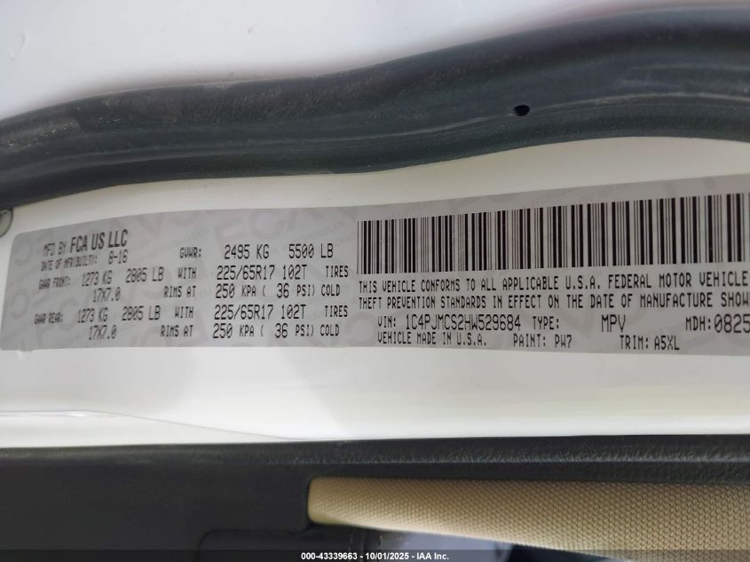 2017 Jeep Cherokee Latitude 4X4 VIN: 1C4PJMCS2HW529684 Lot: 43339663