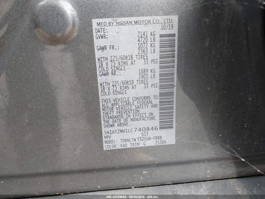 2020 Nissan Rogue Sv Intelligent Awd VIN: 5N1AT2MV1LC740846 Lot: 43339689