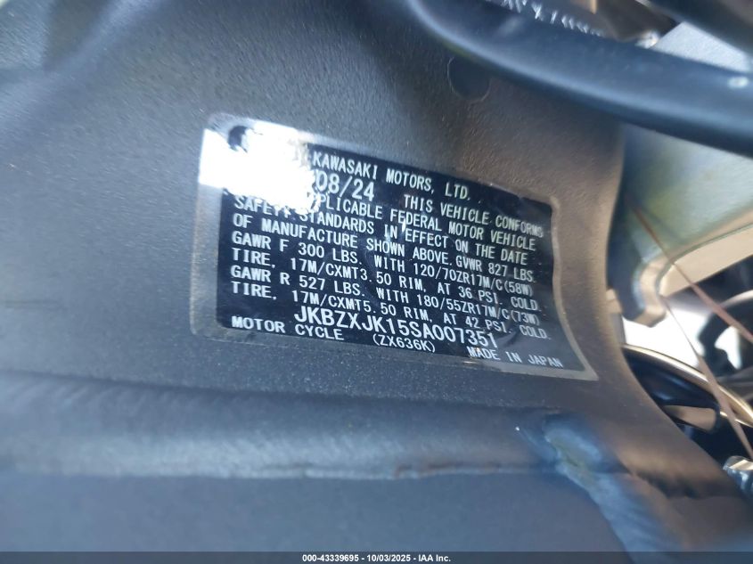 2025 Kawasaki Zx636 K VIN: JKBZXJK15SA007351 Lot: 43339695