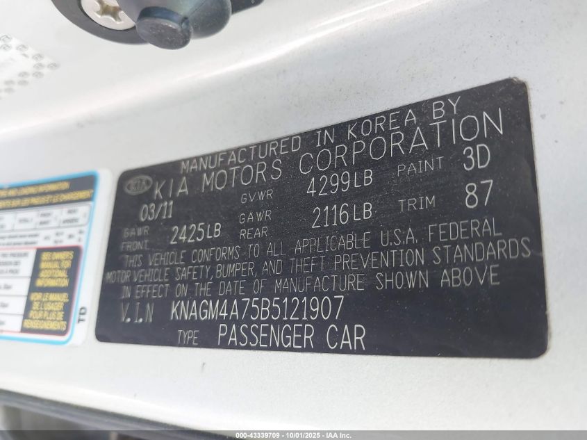 2011 Kia Optima Lx VIN: KNAGM4A75B5121907 Lot: 43339709