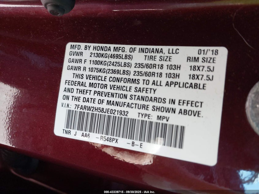 2018 HONDA CR-V EX - 7FARW2H58JE021932