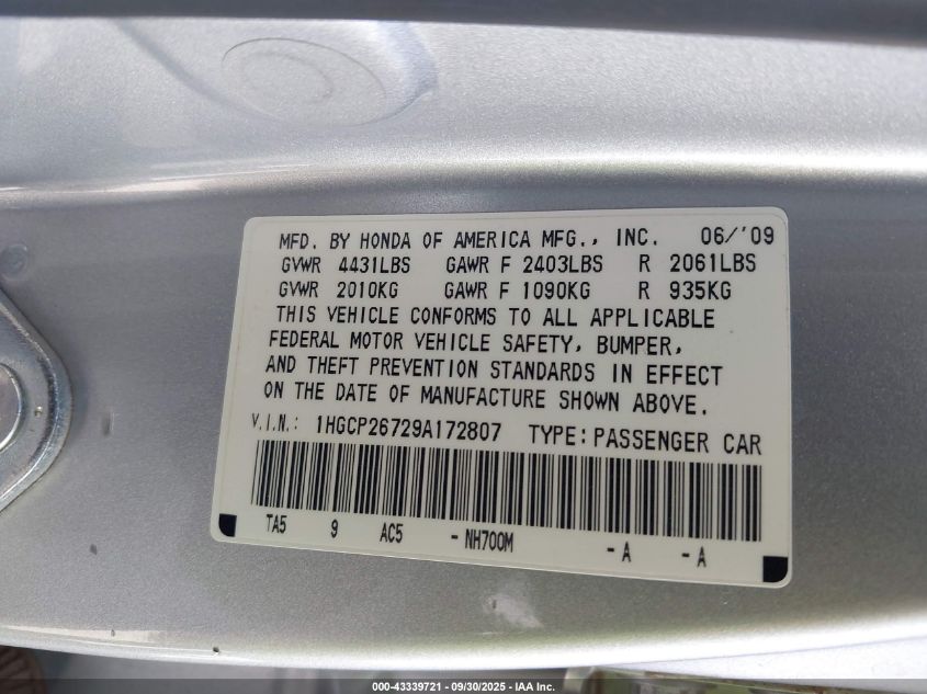 2009 Honda Accord 2.4 Ex VIN: 1HGCP26729A172807 Lot: 43339721