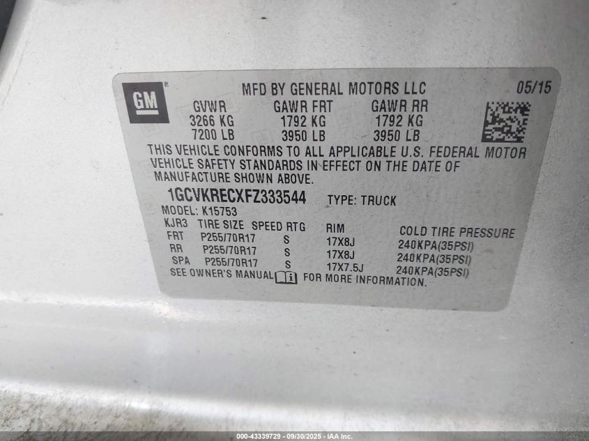 2015 Chevrolet Silverado 1500 1Lt VIN: 1GCVKRECXFZ333544 Lot: 43339729