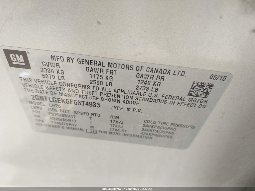 2015 Chevrolet Equinox 2Lt VIN: 2GNFLGEK6F6374933 Lot: 43339762