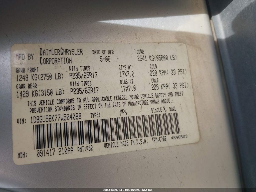 2007 Dodge Nitro Slt/Rt VIN: 1D8GU58K77W504088 Lot: 43339764