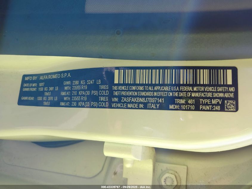 2018 Alfa Romeo Stelvio Ti Awd VIN: ZASFAKBN8J7B97141 Lot: 43339767