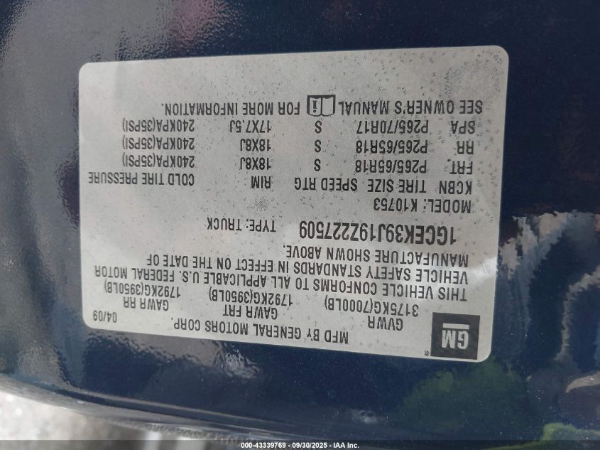 2009 Chevrolet Silverado 1500 Ltz VIN: 1GCEK39J19Z227509 Lot: 43339769