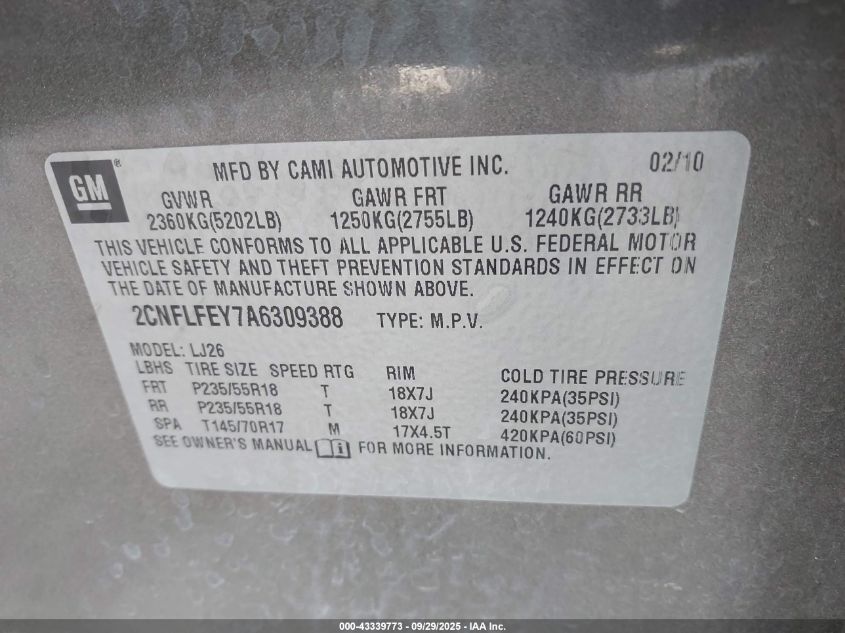 2010 Chevrolet Equinox Ltz VIN: 2CNFLFEY7A6309388 Lot: 43339773