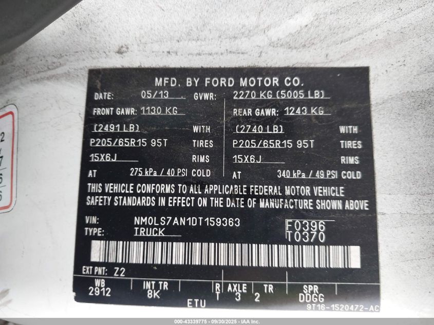 2013 Ford Transit Connect Xl VIN: NM0LS7AN1DT159363 Lot: 43339775