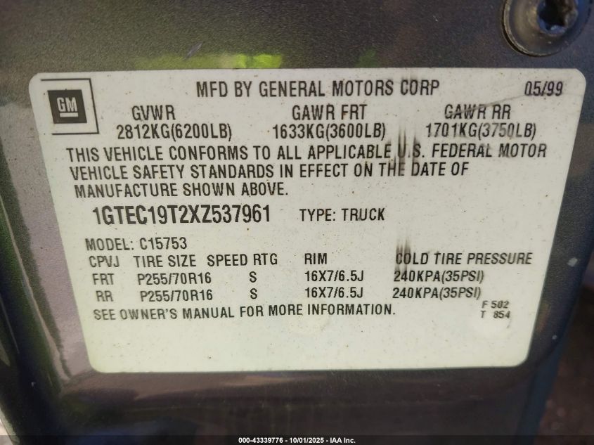 1999 GMC Sierra 1500 Sle VIN: 1GTEC19T2XZ537961 Lot: 43339776