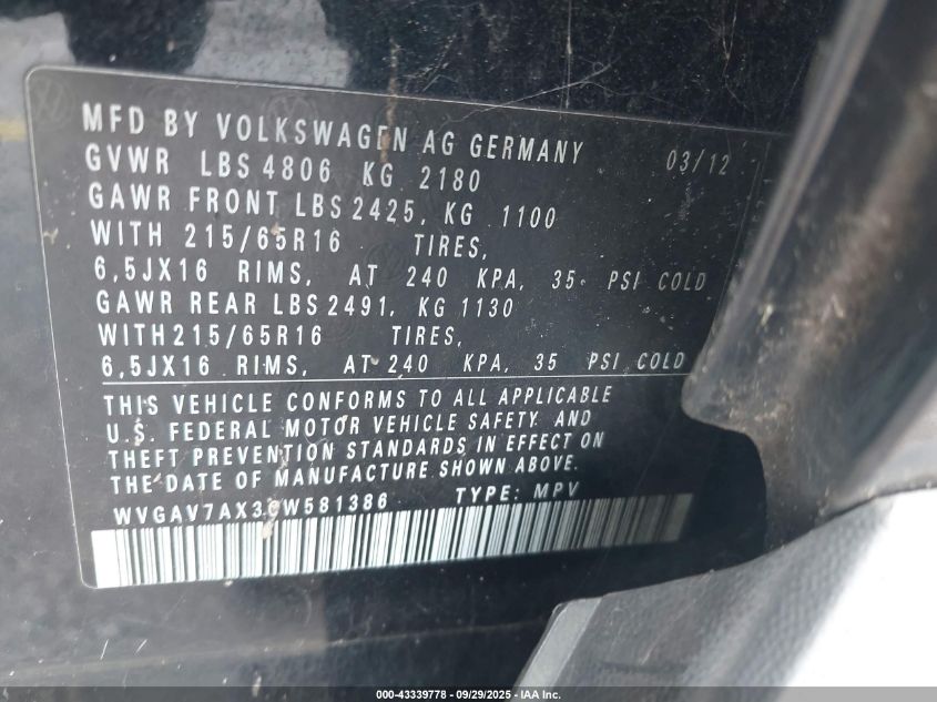 2012 Volkswagen Tiguan Le VIN: WVGAV7AX3CW581386 Lot: 43339778