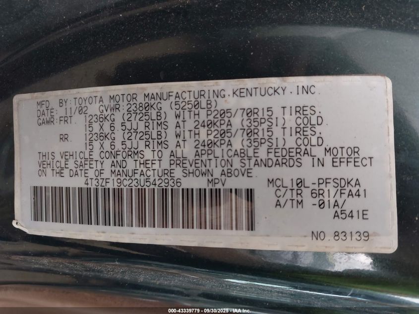 2003 Toyota Sienna Ce VIN: 4T3ZF19C23U542936 Lot: 43339779