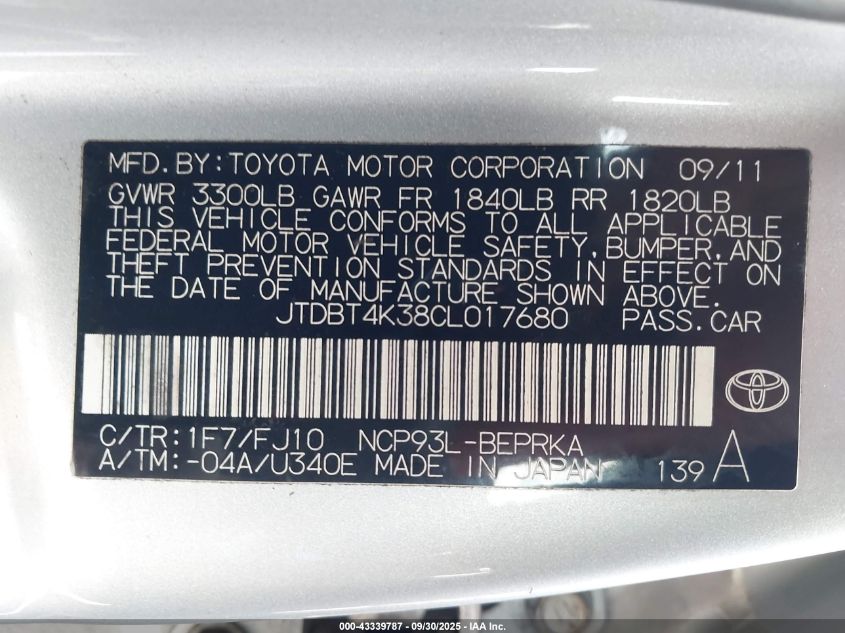 2012 Toyota Yaris VIN: JTDBT4K38CL017680 Lot: 43339787