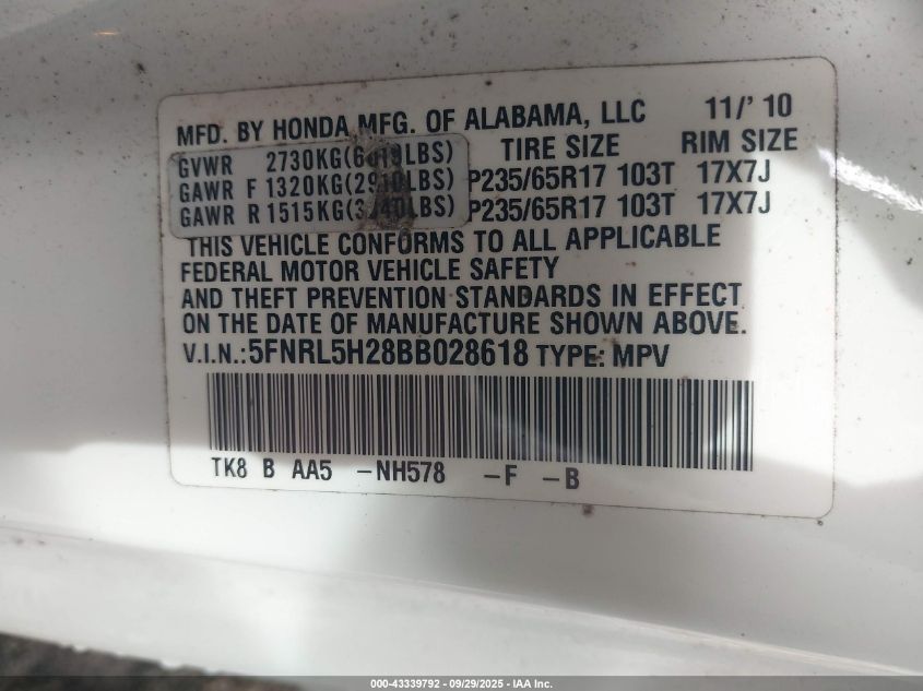 2011 Honda Odyssey Lx VIN: 5FNRL5H28BB028618 Lot: 43339792