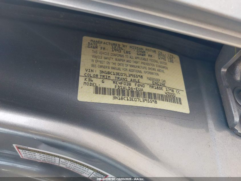 2007 Nissan Versa 1.8S VIN: 3N1BC13E07L395598 Lot: 43339798