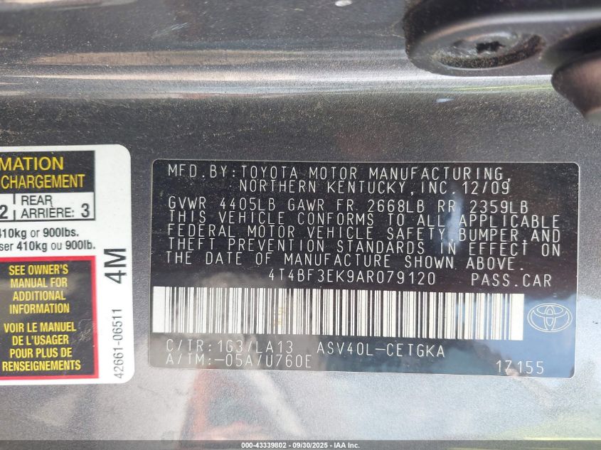 2010 Toyota Camry Xle VIN: 4T4BF3EK9AR079120 Lot: 43339802