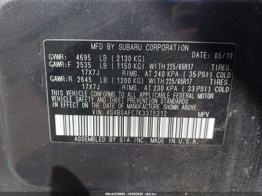2019 Subaru Outback 2.5I Premium VIN: 4S4BSAFC7K3375312 Lot: 43339805