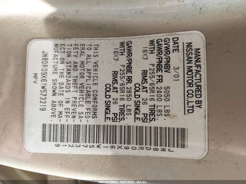 2001 Nissan Pathfinder Se VIN: JN8DR09X61W573219 Lot: 43339804