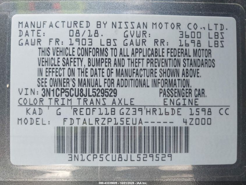 2018 Nissan Kicks S VIN: 3N1CP5CU8JL529529 Lot: 43339809