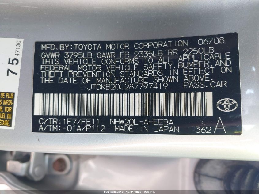 2008 Toyota Prius VIN: JTDKB20U287797419 Lot: 43339810