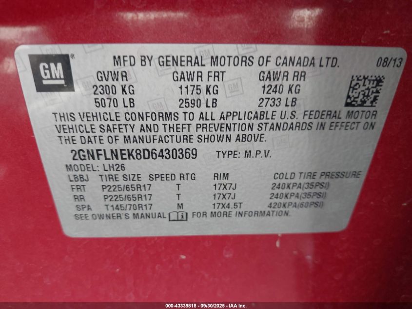 2013 Chevrolet Equinox 2Lt VIN: 2GNFLNEK8D6430369 Lot: 43339818