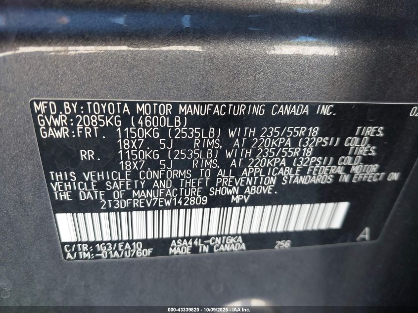 2014 Toyota Rav4 Limited VIN: 2T3DFREV7EW142809 Lot: 43339820