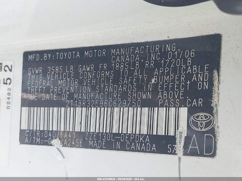 2006 Toyota Corolla Ce VIN: 2T1BR32E96C629750 Lot: 43339824