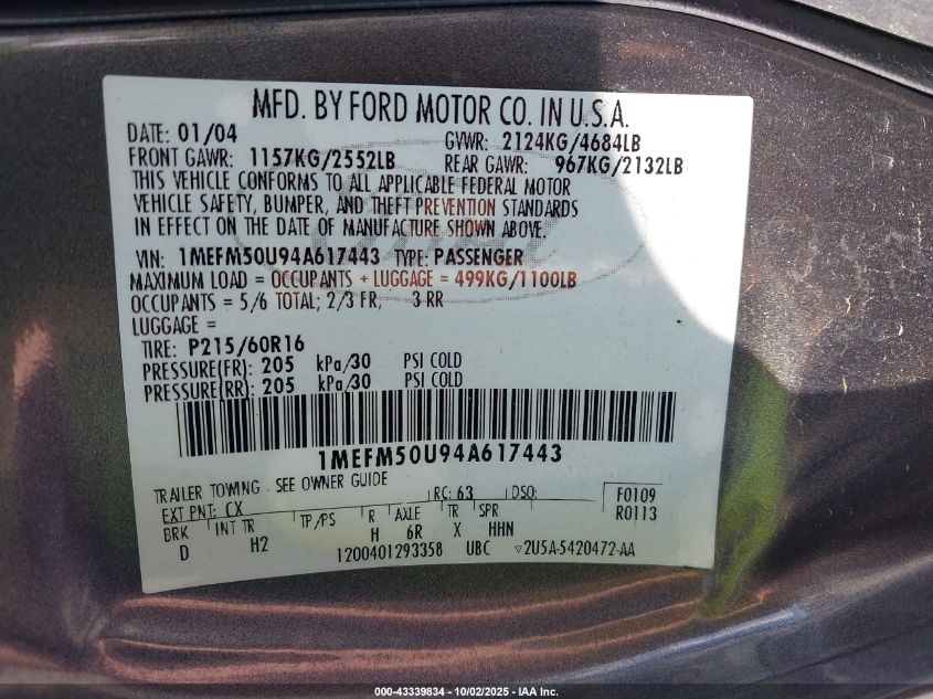 2004 Mercury Sable Gs VIN: 1MEFM50U94A617443 Lot: 43339834