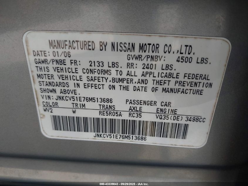 2006 Infiniti G35 VIN: JNKCV51E76M513686 Lot: 43339843