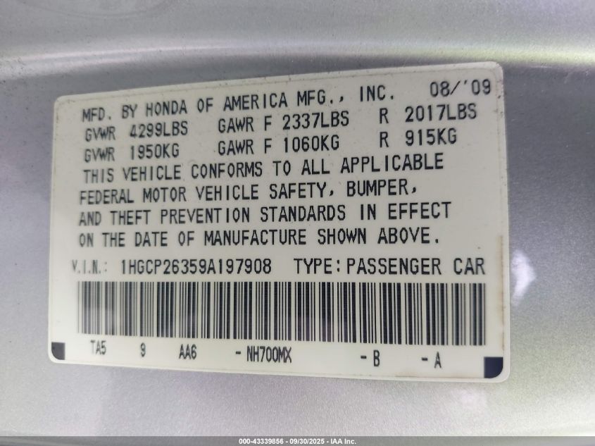 2009 Honda Accord 2.4 Lx VIN: 1HGCP26359A197908 Lot: 43339856