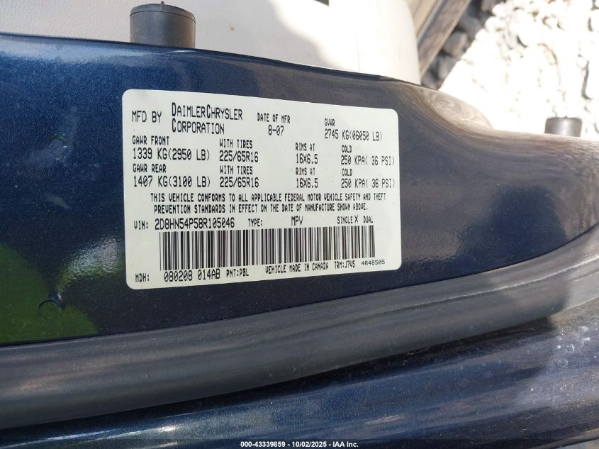 2008 Dodge Grand Caravan Sxt VIN: 2D8HN54P58R105046 Lot: 43339859