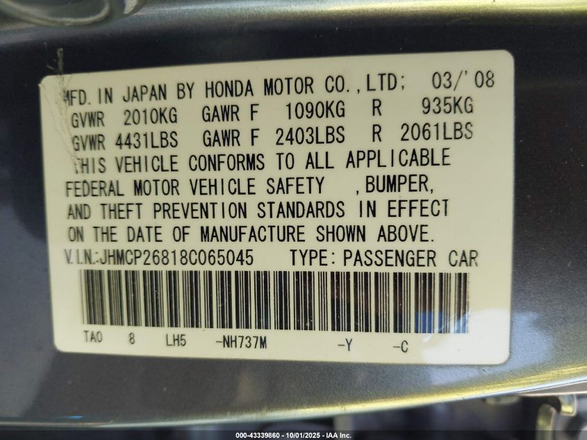2008 Honda Accord 2.4 Ex-L VIN: JHMCP26818C065045 Lot: 43339860