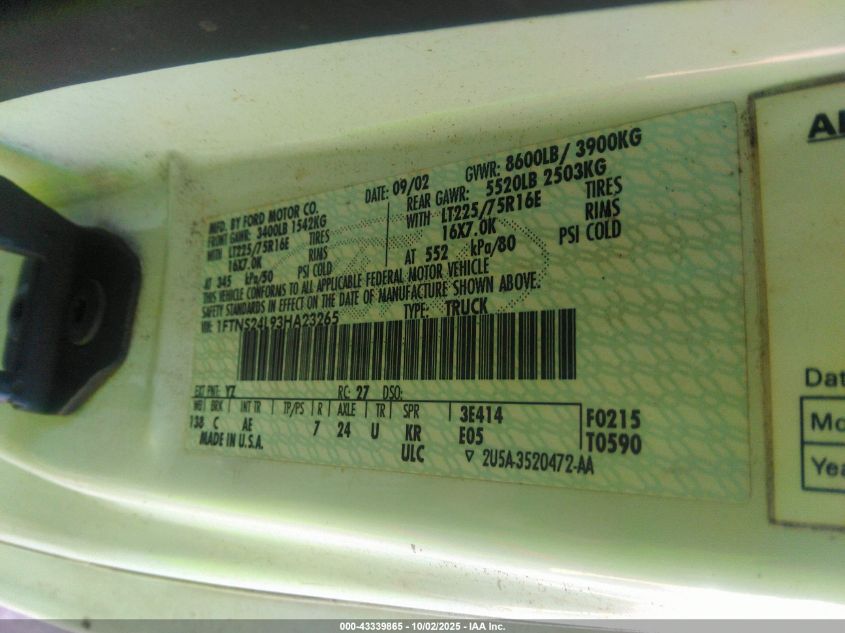 2003 Ford E-250 Commercial/Recreational VIN: 1FTNS24L93HA23265 Lot: 43339865