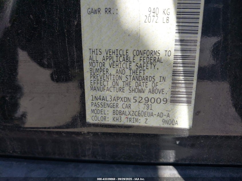 2013 Nissan Altima 2.5 Sl VIN: 1N4AL3APXDN529009 Lot: 43339868