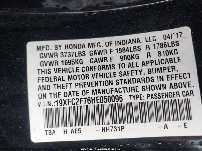 2017 HONDA CIVIC EX 19XFC2F76HE050096