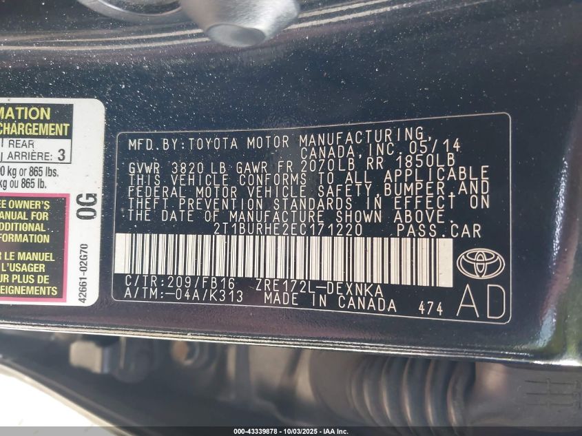 2014 Toyota Corolla Le Plus VIN: 2T1BURHE2EC171220 Lot: 43339878