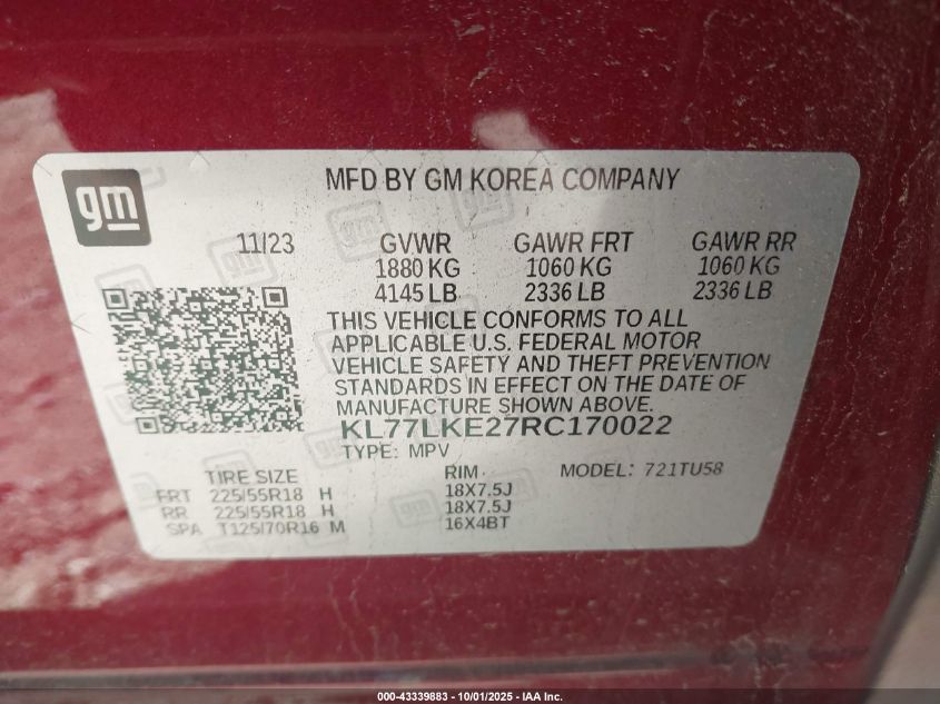 2024 Chevrolet Trax Fwd Activ VIN: KL77LKE27RC170022 Lot: 43339883