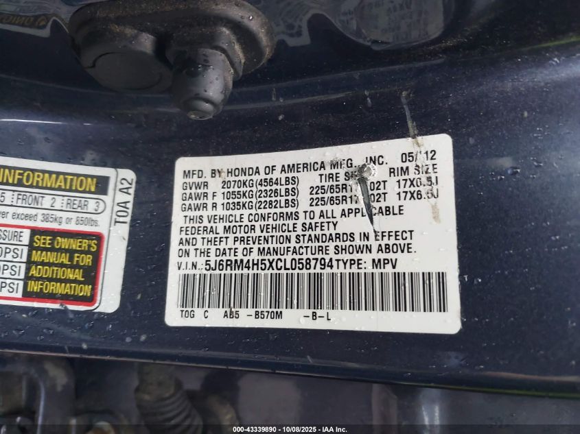 2012 Honda Cr-V Ex VIN: 5J6RM4H5XCL058794 Lot: 43339890