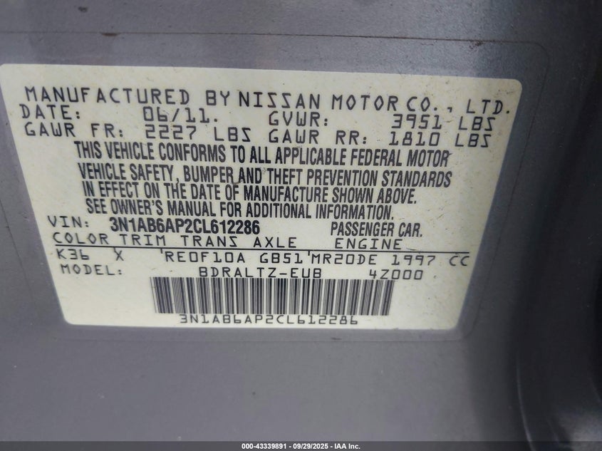 2012 Nissan Sentra 2.0 S VIN: 3N1AB6AP2CL612286 Lot: 43339891