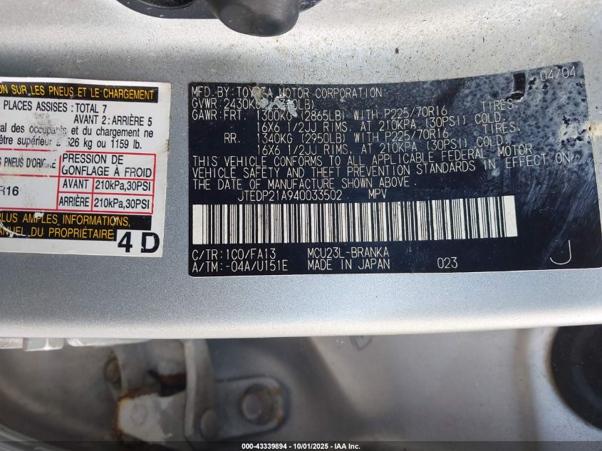 2004 Toyota Highlander V6 VIN: JTEDP21A940033502 Lot: 43339894