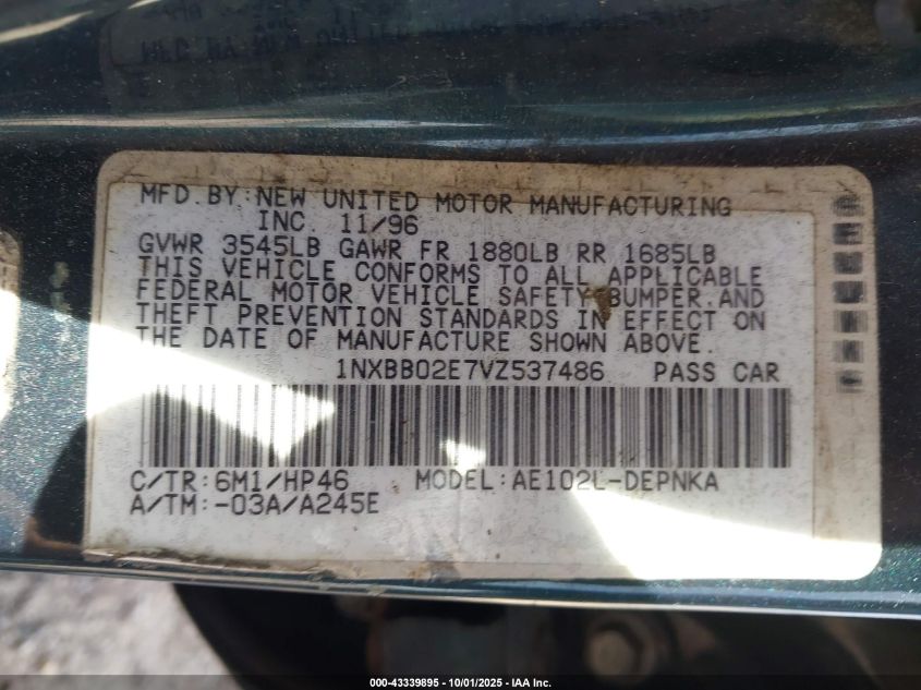 1997 Toyota Corolla Dx VIN: 1NXBB02E7VZ537486 Lot: 43339895