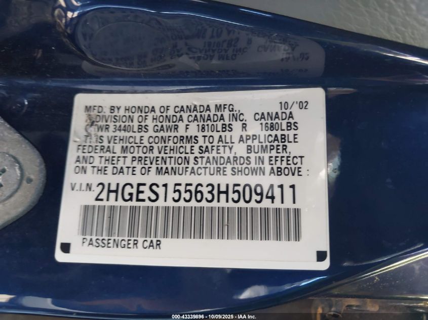 2003 Honda Civic Lx VIN: 2HGES15563H509411 Lot: 43339896