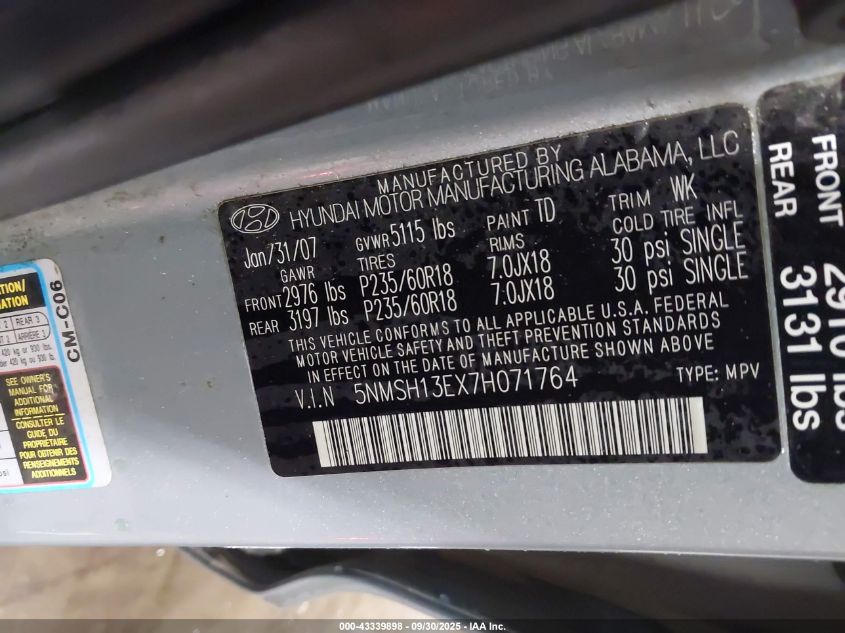 2007 Hyundai Santa Fe Limited/Se VIN: 5NMSH13EX7H071764 Lot: 43339898