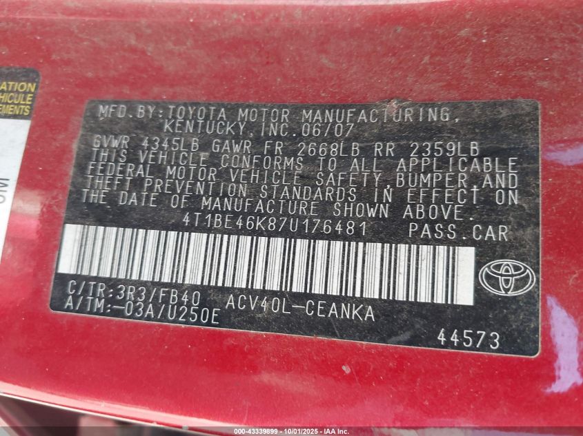 2007 Toyota Camry Le VIN: 4T1BE46K87U176481 Lot: 43339899