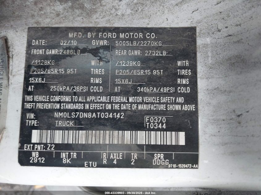 2010 Ford Transit Connect Xlt VIN: NM0LS7DN8AT034142 Lot: 43339903